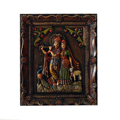 "Dancing Radha Krishna" fiber procession wall art in wooden frame