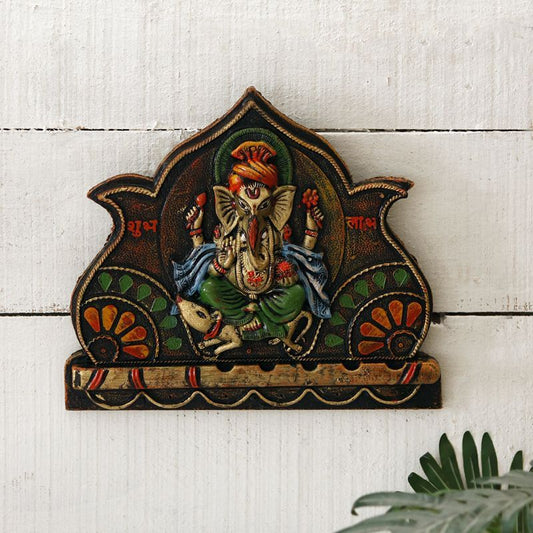 "Ganesha inside lotus" fiber procession wall art in wooden frame