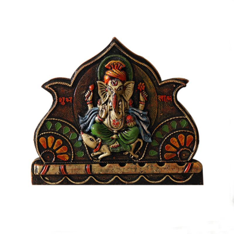 "Ganesha inside lotus" fiber procession wall art in wooden frame