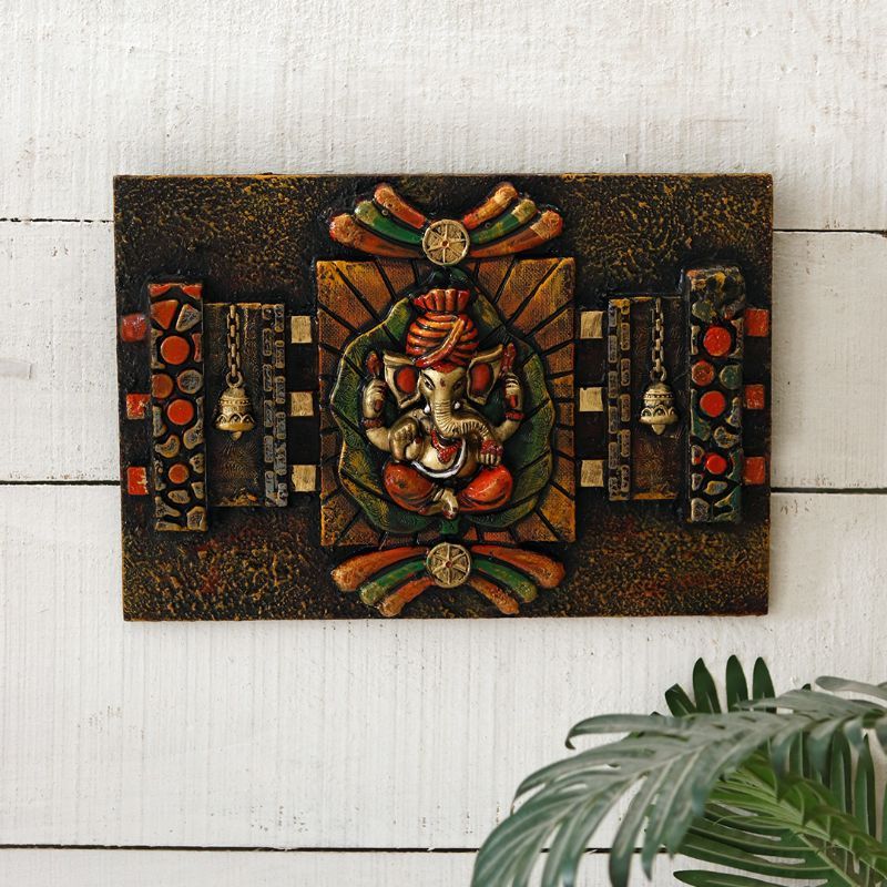 "Meditating Ganesha" fiber procession wall art in wooden frame