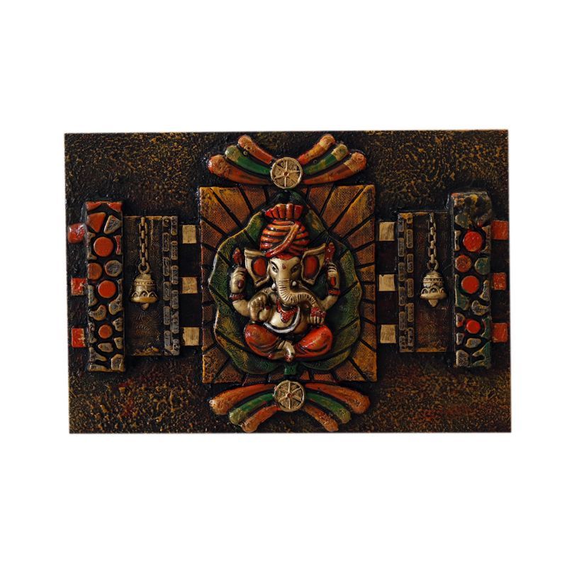 "Meditating Ganesha" fiber procession wall art in wooden frame