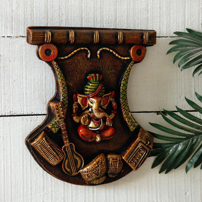 "Ganesh with tabla & guitar" fiber procession wall art in wooden frame