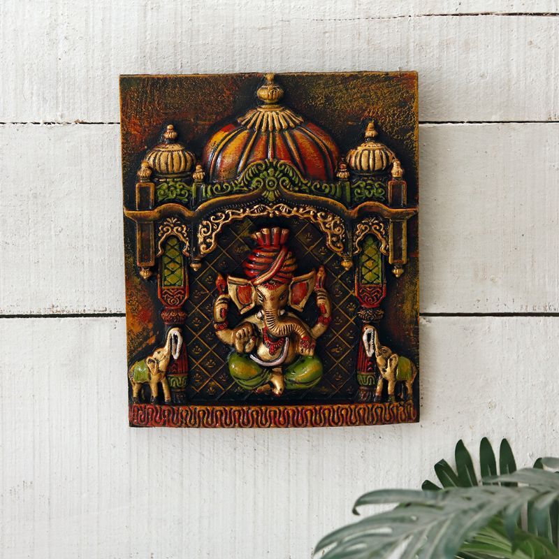 "Ganesh with Tusker Duo" fiber procession wall art in wooden frame