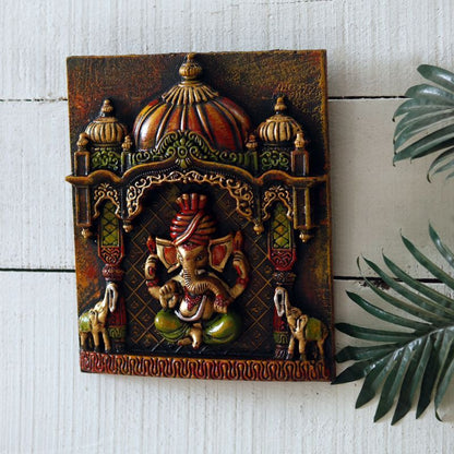 "Ganesh with Tusker Duo" fiber procession wall art in wooden frame