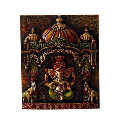 "Ganesh with Tusker Duo" fiber procession wall art in wooden frame