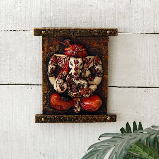 " Ganesha on meditation" fiber procession wall art in wooden frame