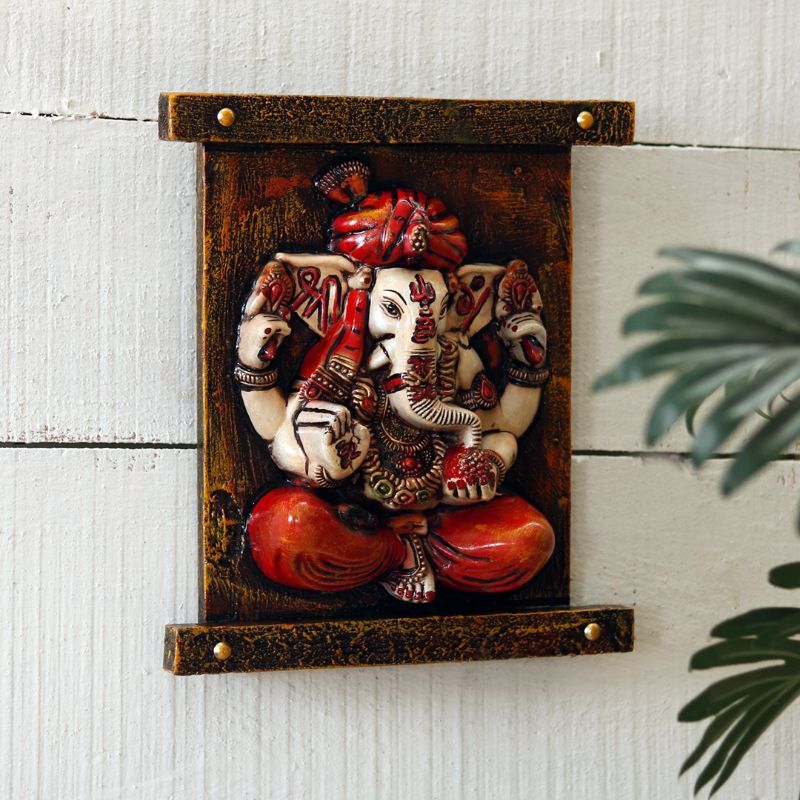 " Ganesha on meditation" fiber procession wall art in wooden frame