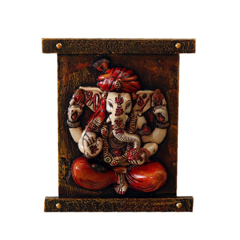 " Ganesha on meditation" fiber procession wall art in wooden frame