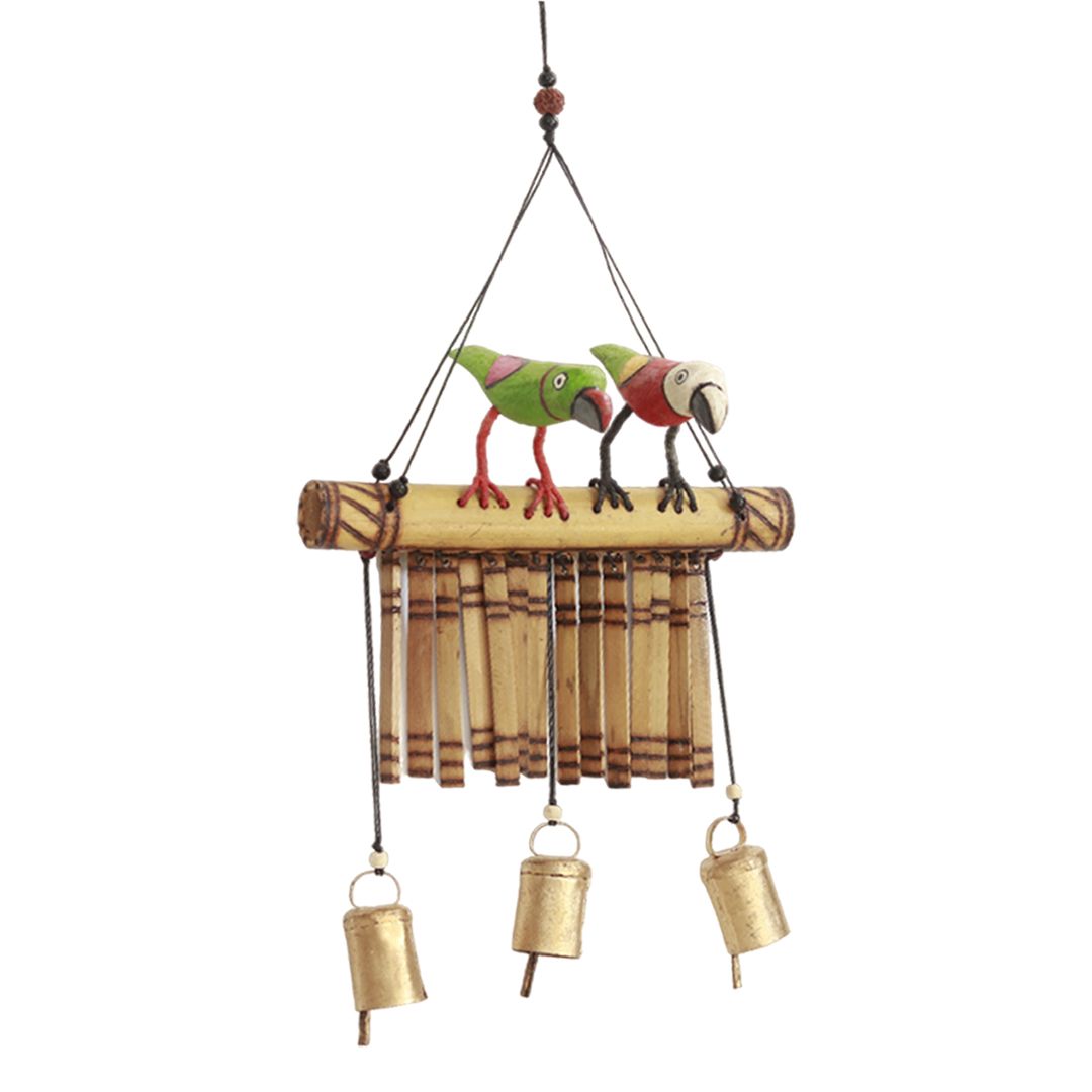 multicolor "Duo "Clinkering Songbirds" wooden windchime with copper bells