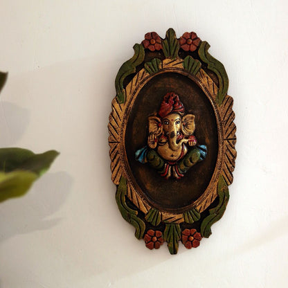 "Blessing Ganesha" fiber procession wall art in wooden frame