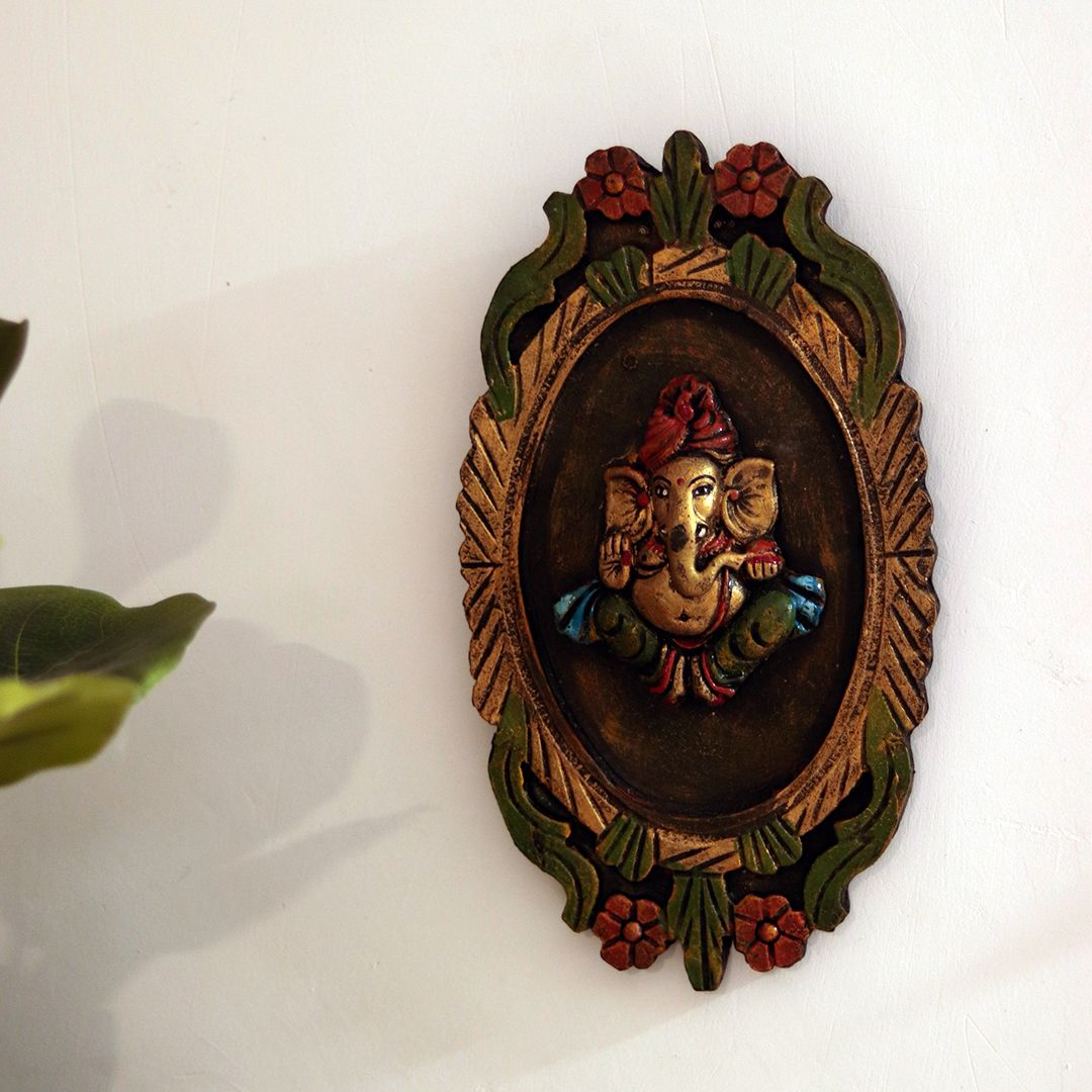 "Blessing Ganesha" fiber procession wall art in wooden frame