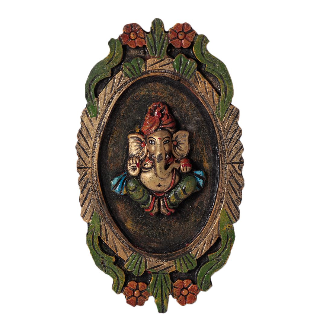 "Blessing Ganesha" fiber procession wall art in wooden frame