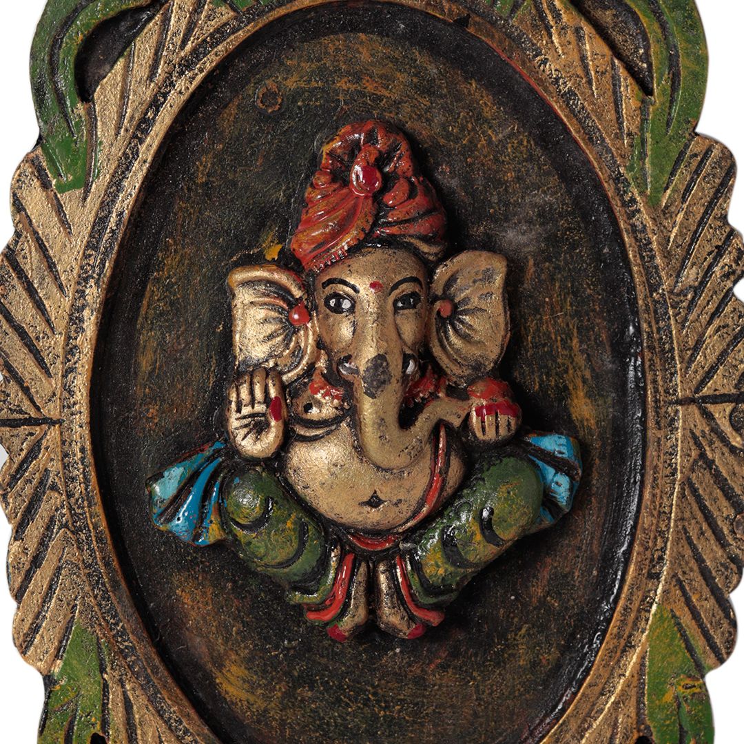 "Blessing Ganesha" fiber procession wall art in wooden frame