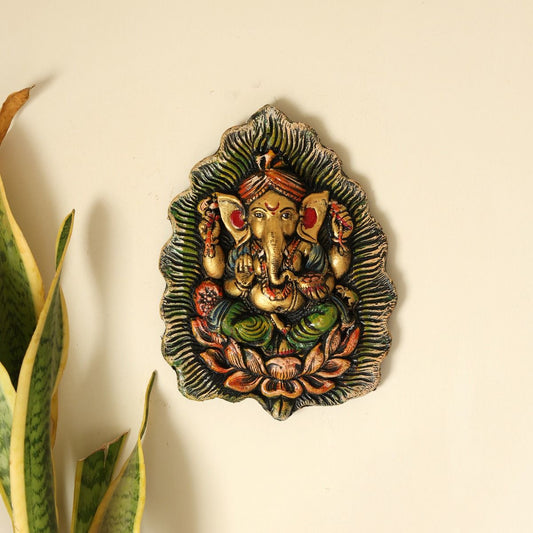 "Ganesha Meditating on Lotus" fiber procession wall art in wooden frame