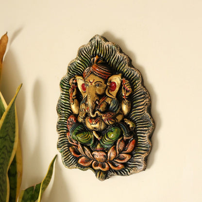 "Ganesha Meditating on Lotus" fiber procession wall art in wooden frame