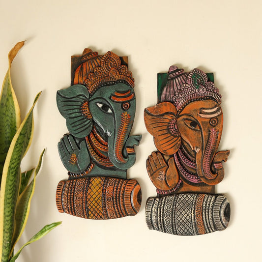 "Tribal Ganesha with tabla & guitar" fiber procession wall art in wooden frame