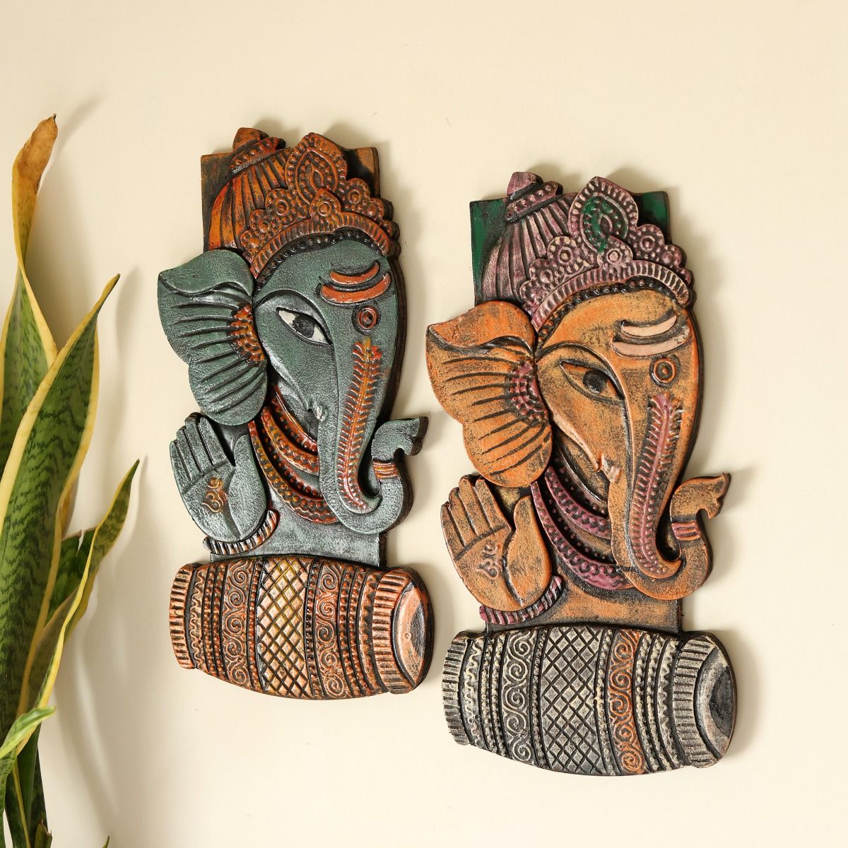 "Tribal Ganesha with tabla & guitar" fiber procession wall art in wooden frame