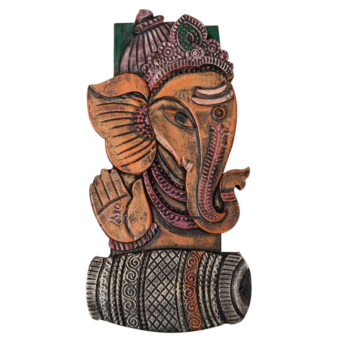 "Tribal Ganesha with tabla & guitar" fiber procession wall art in wooden frame