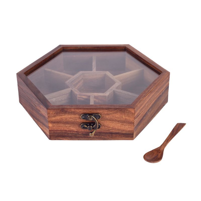 sheesham wood hexagonal masala dani with wooden spoon for storing spices(Brown)