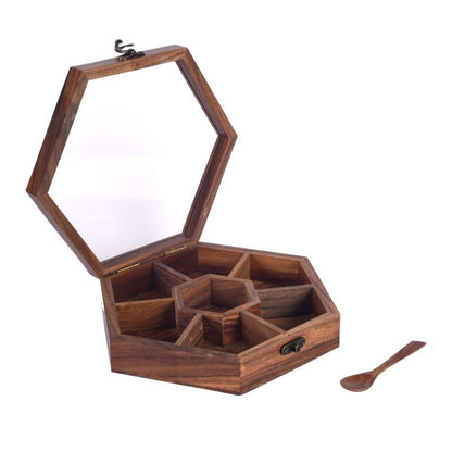 sheesham wood hexagonal masala dani with wooden spoon for storing spices(Brown)