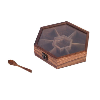 sheesham wood hexagonal masala dani with wooden spoon for storing spices(Brown)