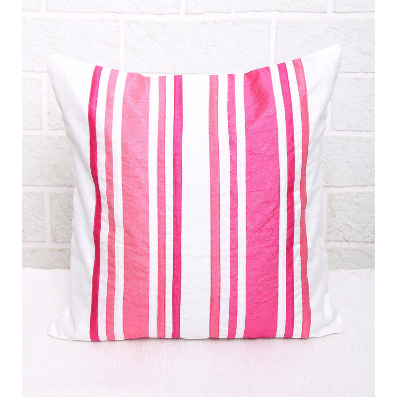 Pink & White Patch Stripe Silk Cushion Cover (Set of 5)