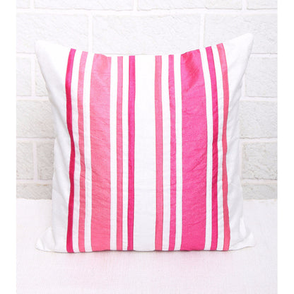 Pink & White Patch Stripe Silk Cushion Cover (Set of 5)