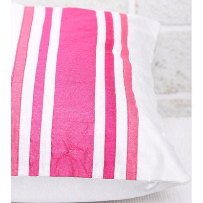 Pink & White Patch Stripe Silk Cushion Cover (Set of 5)