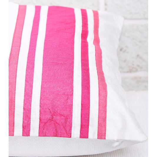 Pink & White Patch Stripe Silk Cushion Cover (Set of 5)
