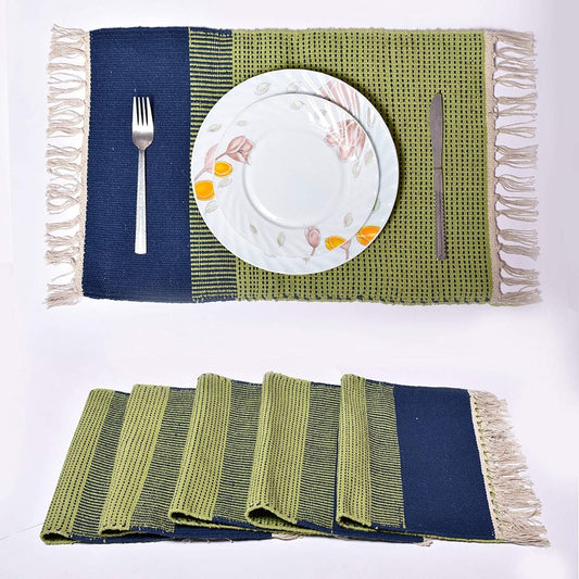 handwooven cotton dining table placemats(Green & Blue, Set of 6)