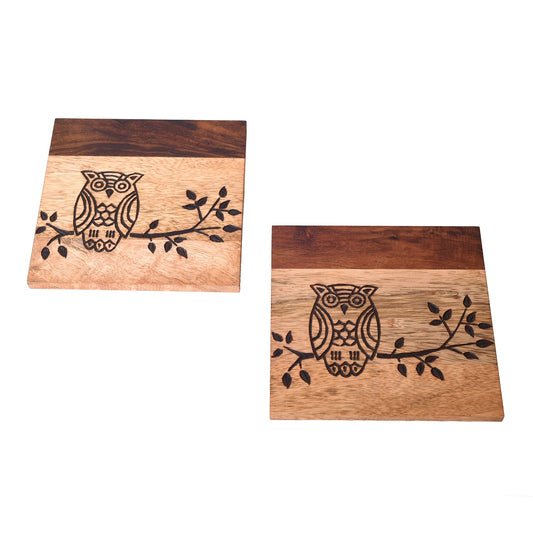 Sheesham wood brown owl Coaster Set (Set of 2)
