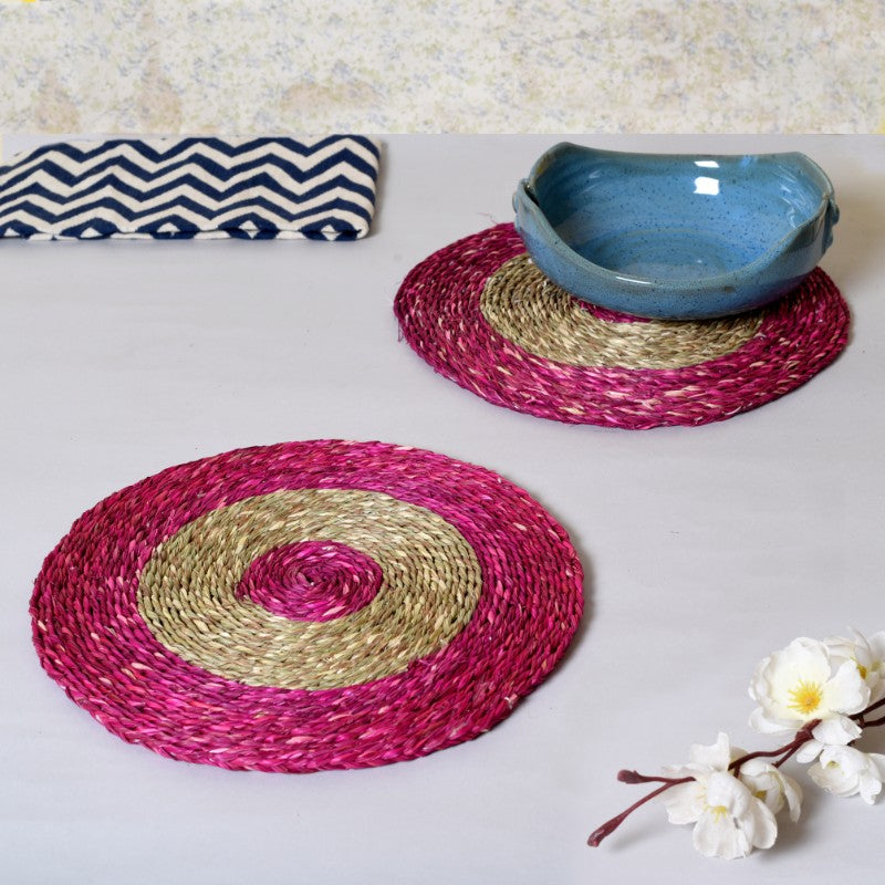 Sabai grass circular pink & brown dish coaster set(Set of 2)