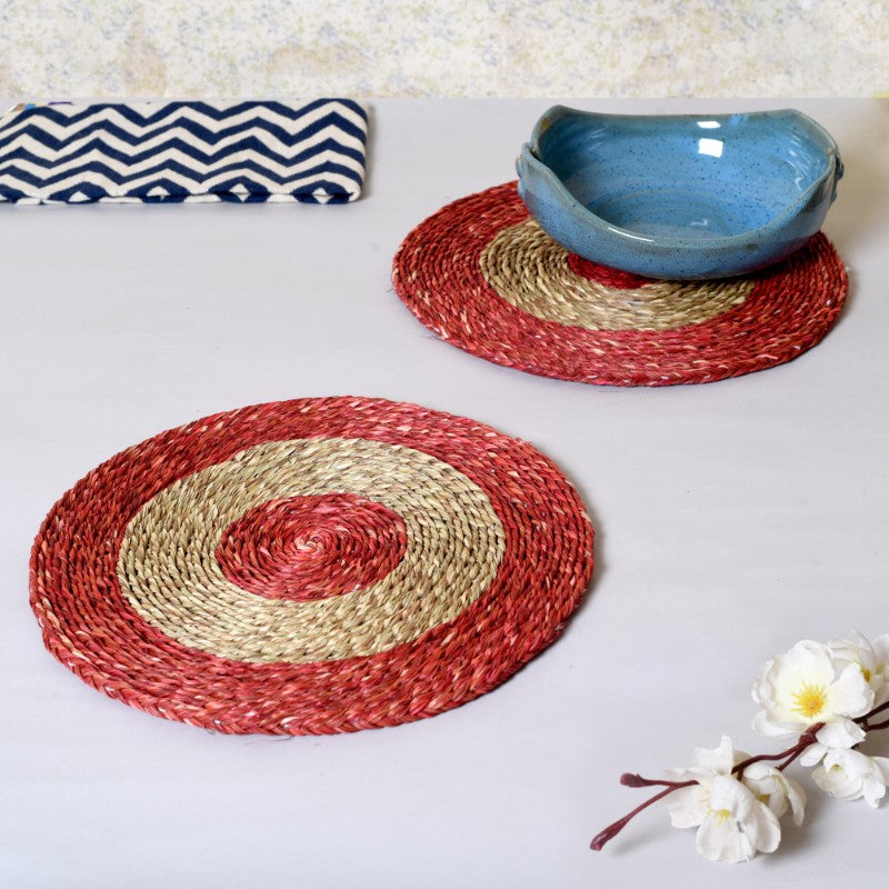 Sabai grass circular red & brown dish coaster set(Set of 2)