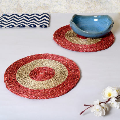 Sabai grass circular red & brown dish coaster set(Set of 2)