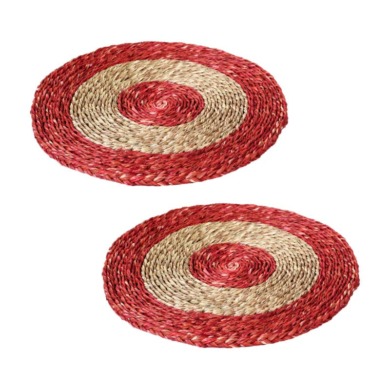 Sabai grass circular red & brown dish coaster set(Set of 2)
