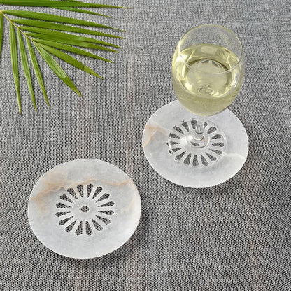Handcarved white circular coaster in Soap Stone(Set of 2)