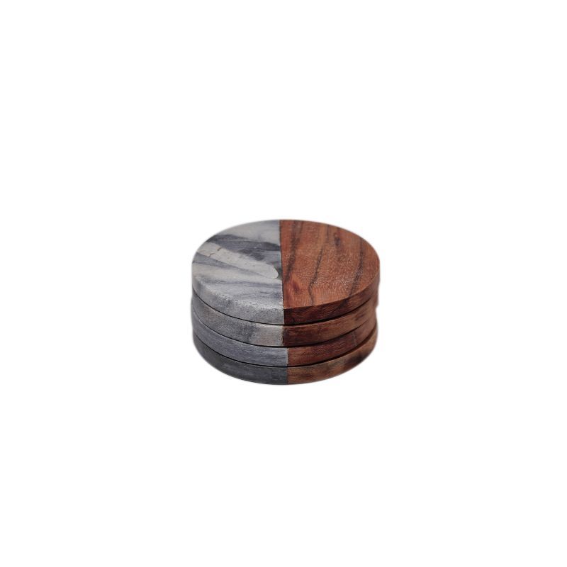 "White Circular" coaster fused with Mango Wood & Marbel for Tea/Coffee(Set of 4)