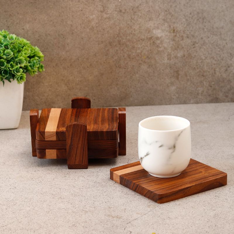 "Wood Fusion" Coaster Set in Sheesham & Mango Wood(4 Coaster, 1 Base Tray)