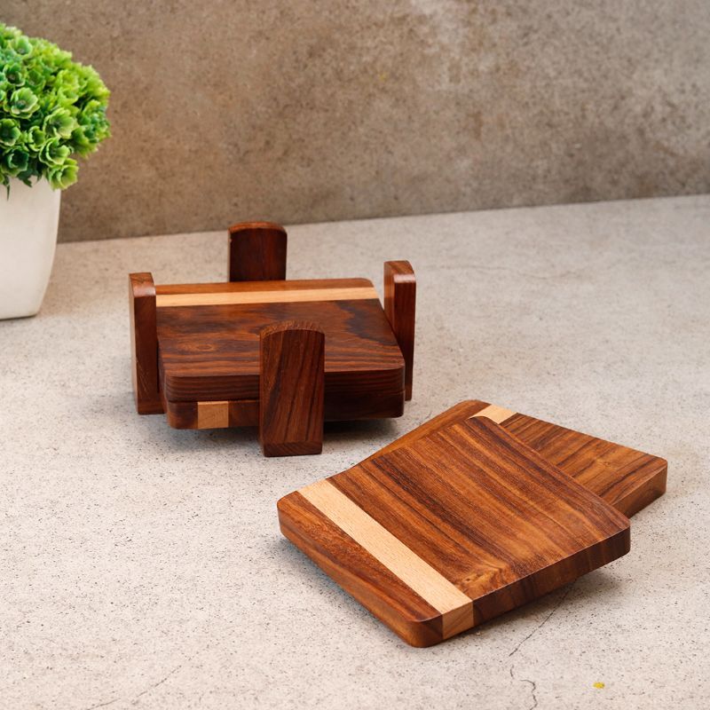 "Wood Fusion" Coaster Set in Sheesham & Mango Wood(4 Coaster, 1 Base Tray)