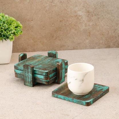 "Squared Teal Blue" coaster set in Steambeach Wood (4 Coaster, 1 Base Tray)