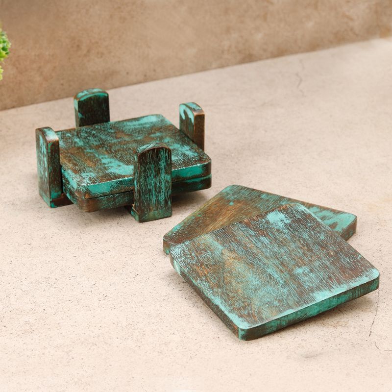 "Squared Teal Blue" coaster set in Steambeach Wood (4 Coaster, 1 Base Tray)