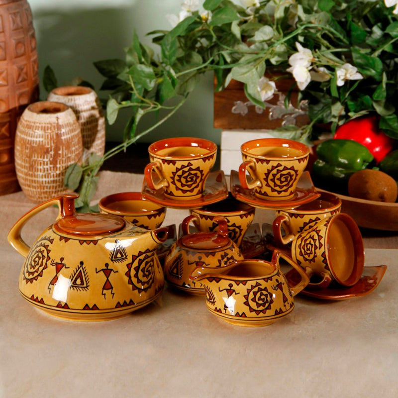 Warli handpainted Stoneware Tea Set (set of 15)