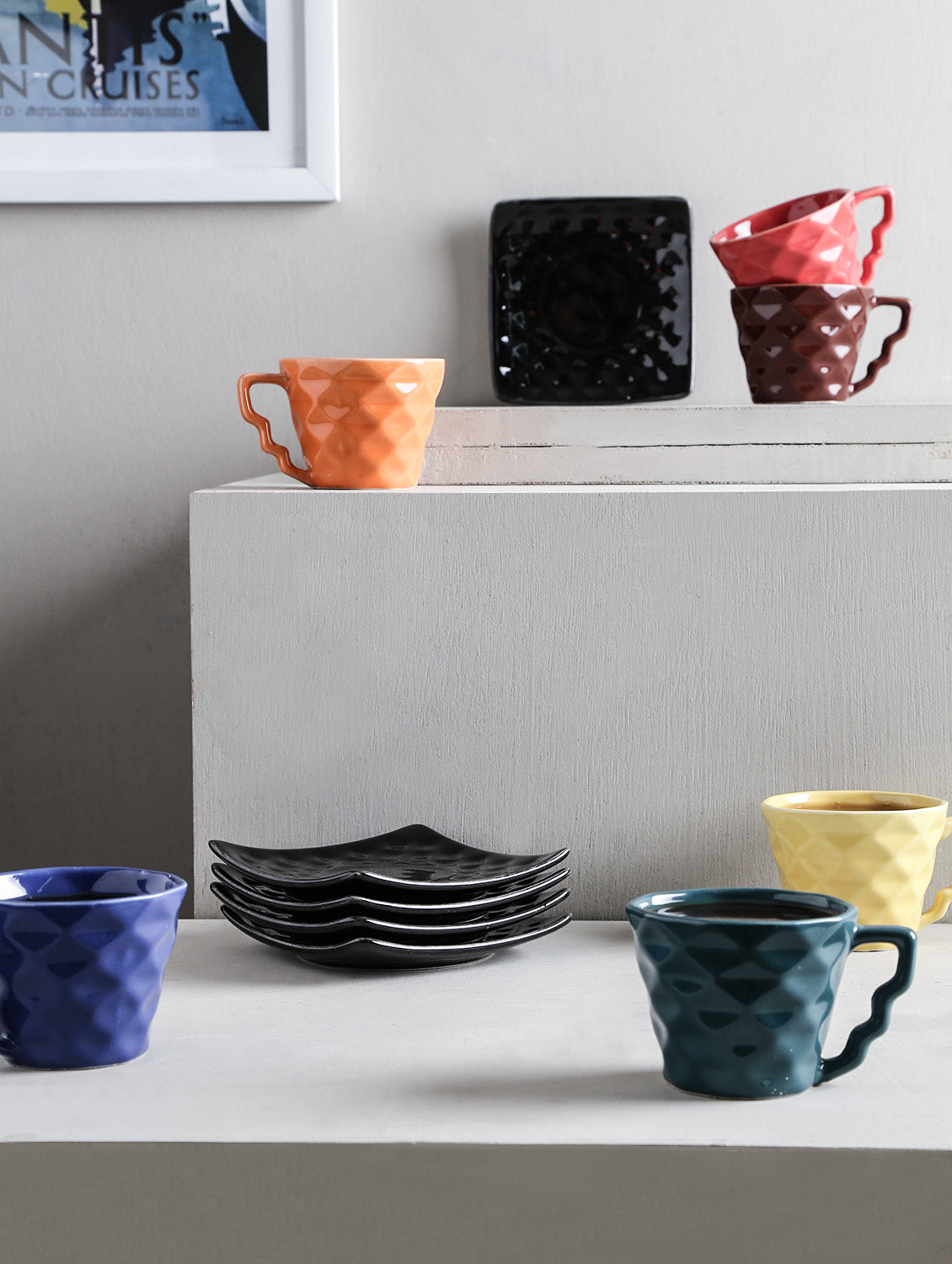 ceramic multicolored diamond cup saucer set(Set of 6)