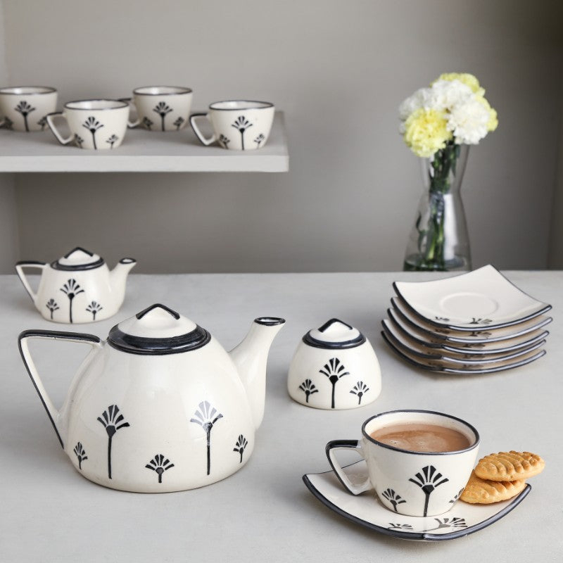 ceramic Black & Offwhite Tea set(Set of 15 items)