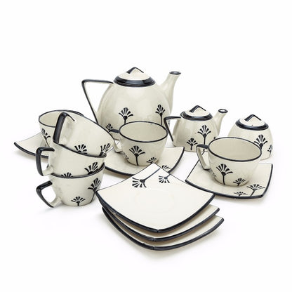 ceramic Black & Offwhite Tea set(Set of 15 items)