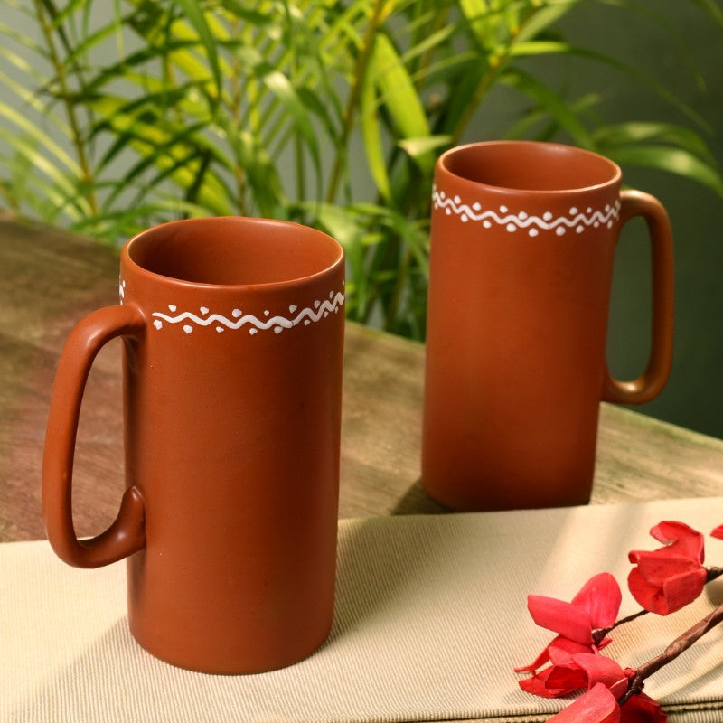 earthern print ceramic brown beer mug (Set of 2)