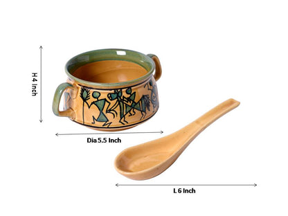 ceramic green/brown handpainted warli art soup bowl(Set of 6)