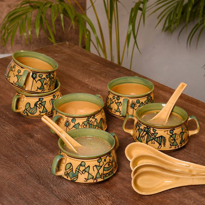 ceramic green/brown handpainted warli art soup bowl(Set of 6)