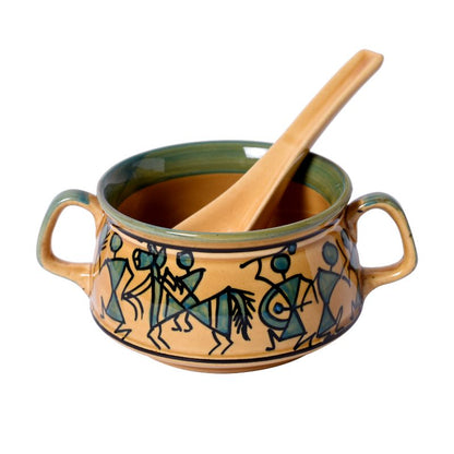 ceramic green/brown handpainted warli art soup bowl(Set of 6)