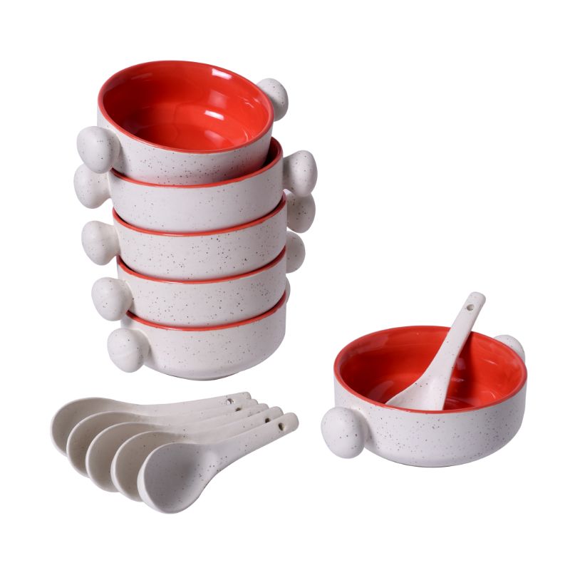 stoneware matte finish jumbo soup bowl with round handles(Set of 6)